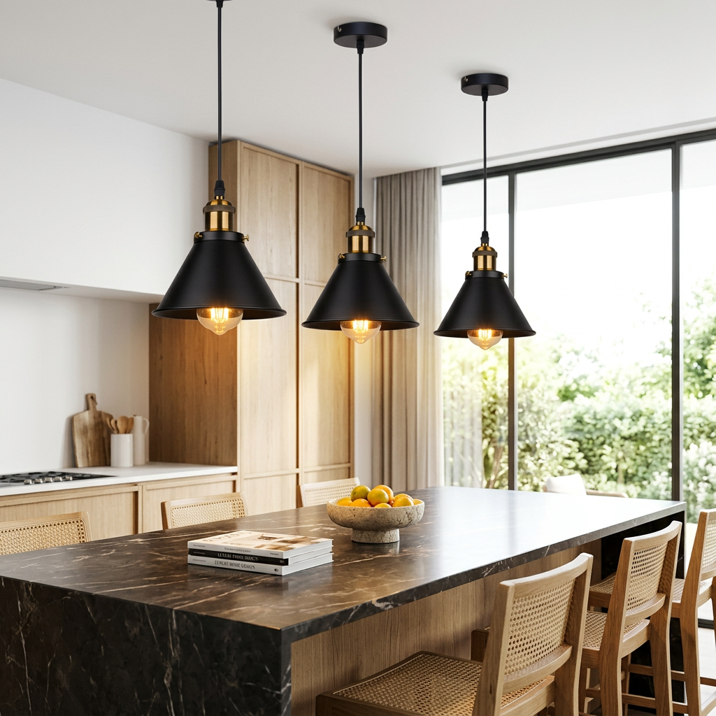 Three black industrial retro pendant lights with warm Edison bulbs hanging over dark marble kitchen island in bright modern Scandinavian kitchen