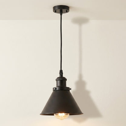 Loft industrial pendant light in matte black single cone with warm filament bulb