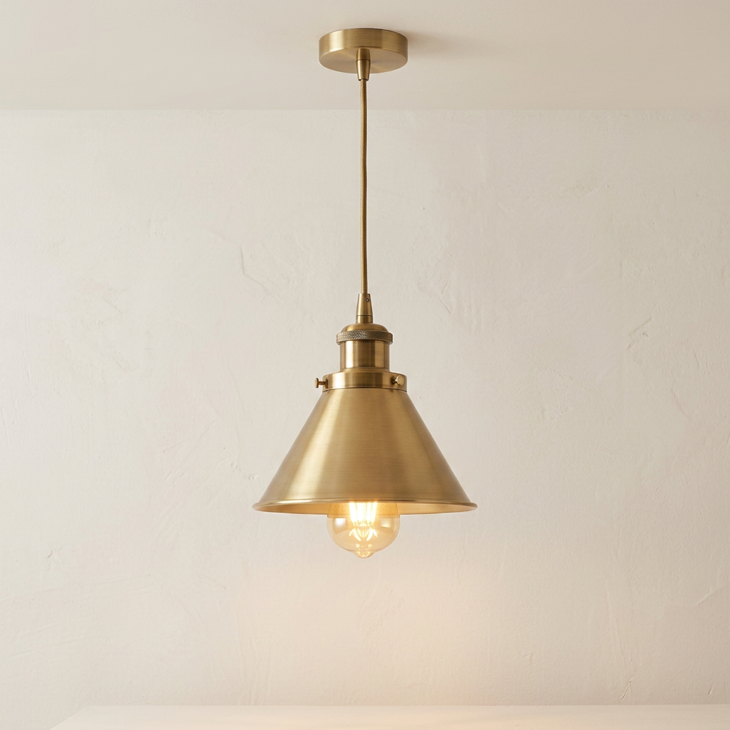 Loft industrial pendant light in brushed gold single cone with warm filament bulb