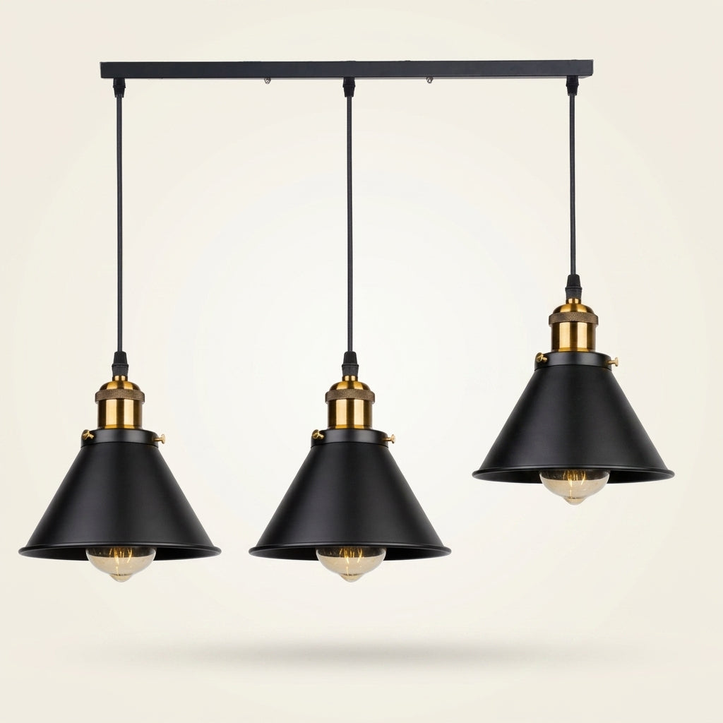 Loft industrial retro pendant – Black with brass socket, 3-light linear cluster