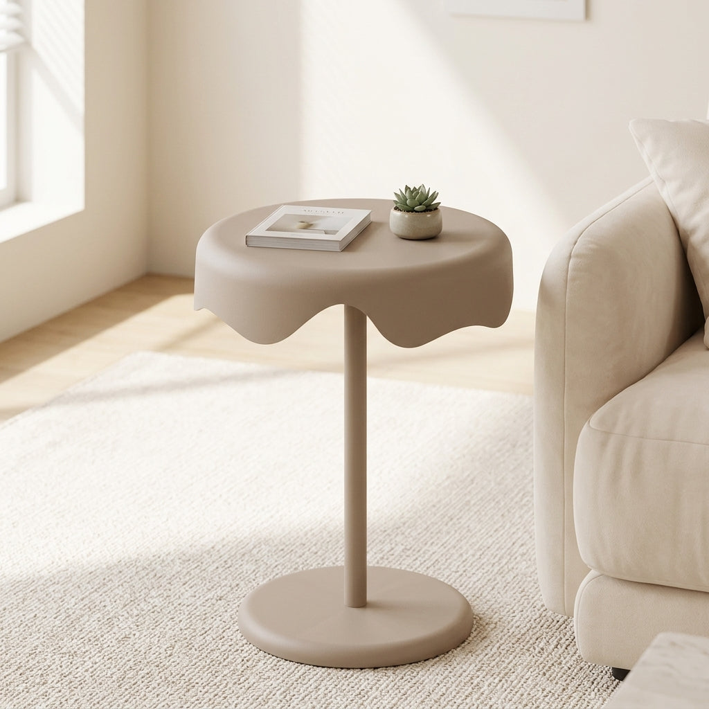 Khaki beige round bedside side table styled in modern interior setting