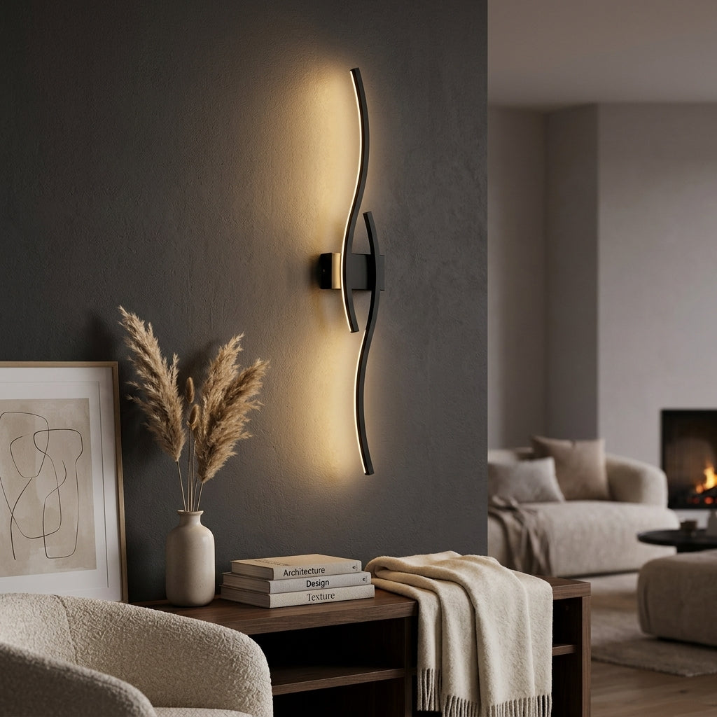 Black slim aluminium LED wall sconce styled on feature wall in warm modern living room