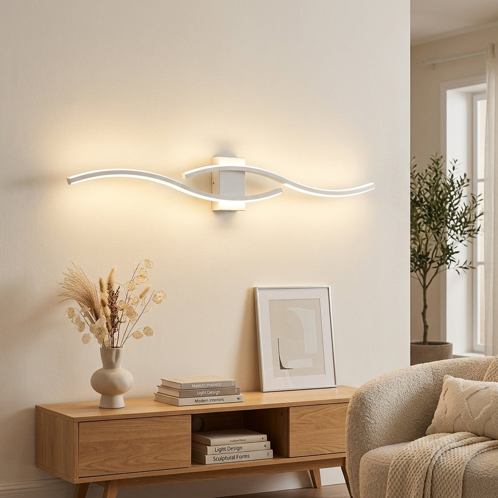 White slim aluminium LED wall sconce styled on feature wall in warm modern living room
