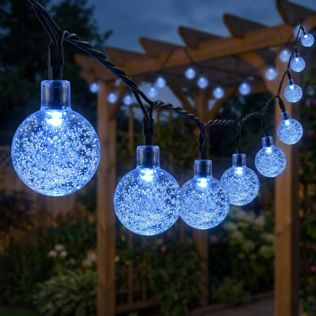 Solar crystal globe string lights glowing blue along a garden pergola at dusk