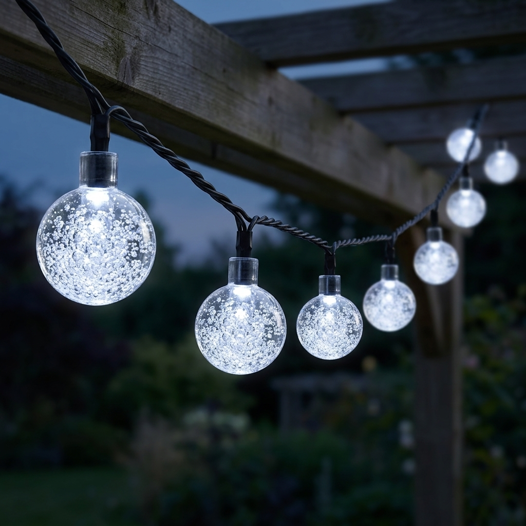 Solar crystal globe string lights glowing cool white along a garden pergola at dusk