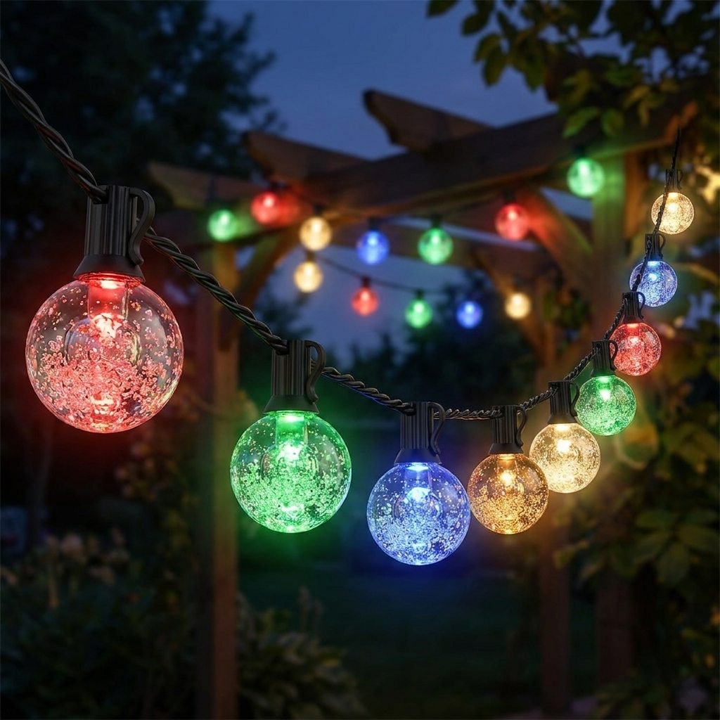 Solar crystal globe string lights glowing in multiple colours along a garden pergola at dusk