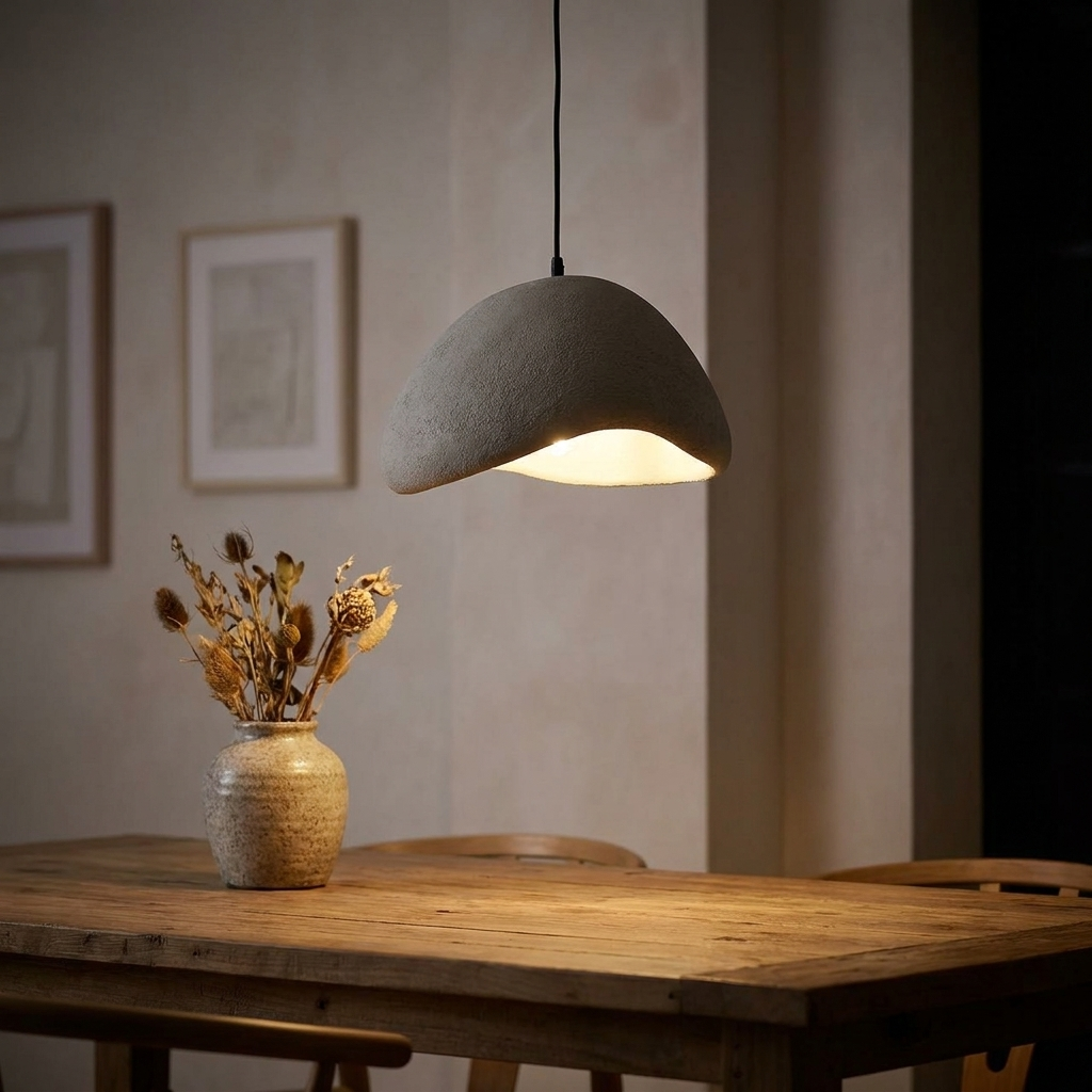 Wabi sabi grey round pendant light dining room lifestyle