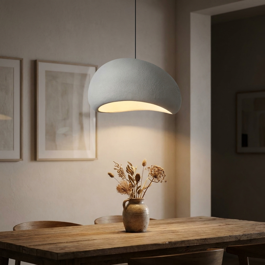Wabi sabi grey oval pendant light dining room lifestyle