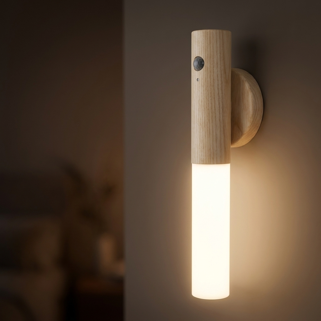 Motion sensor LED night light ash grey wood finish wall mounted
