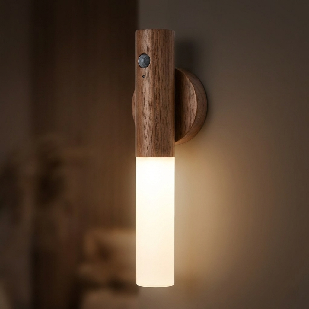 Motion sensor LED night light walnut brown wood finish wall mounted