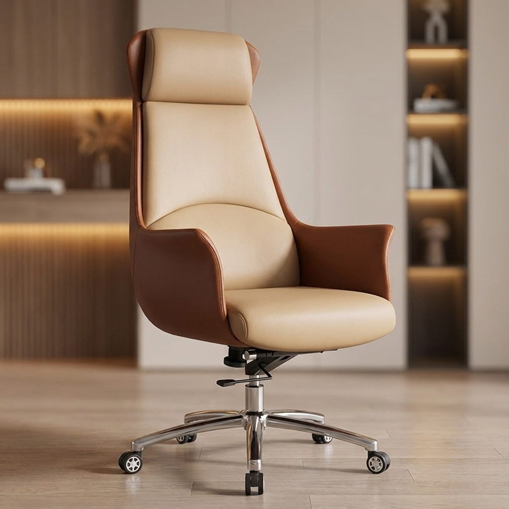 Executive leather office chair beige brown two tone