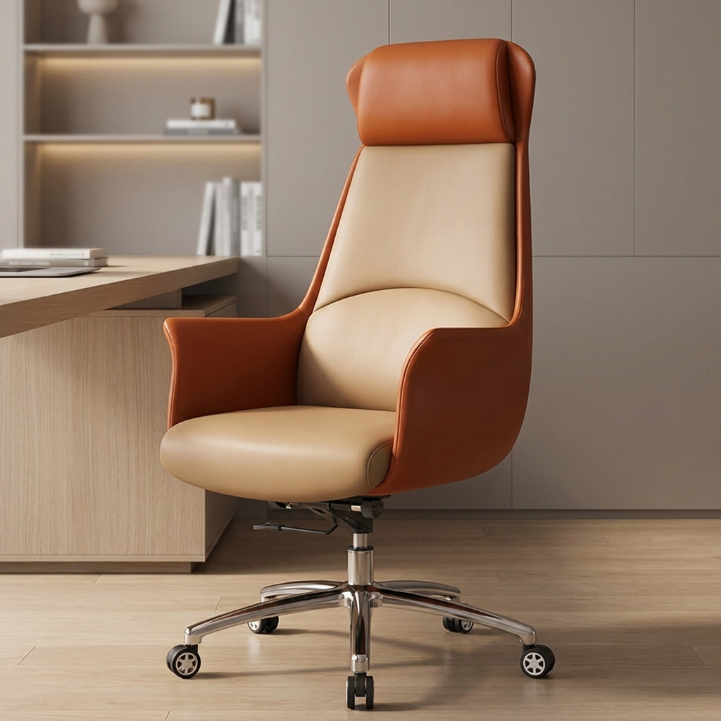 Executive leather office chair beige orange two tone
