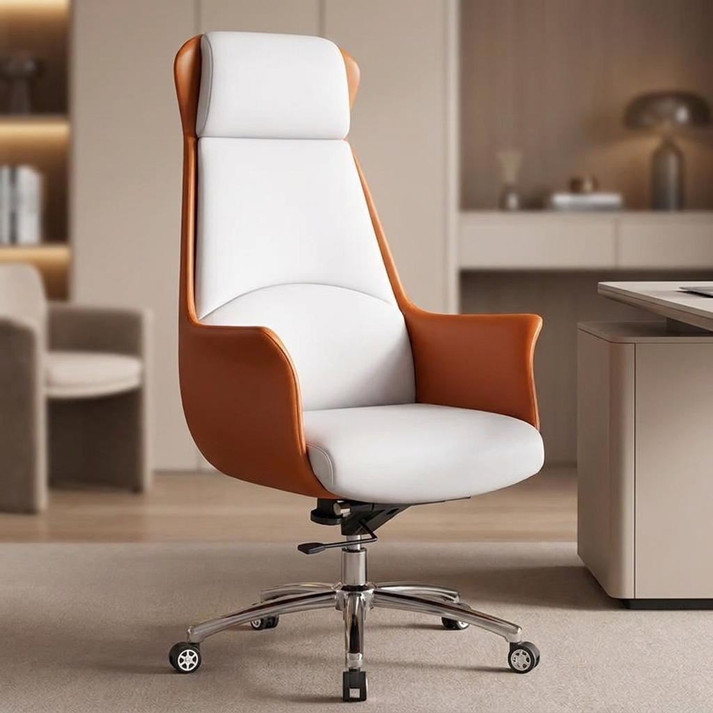 Executive leather office chair white orange two tone
