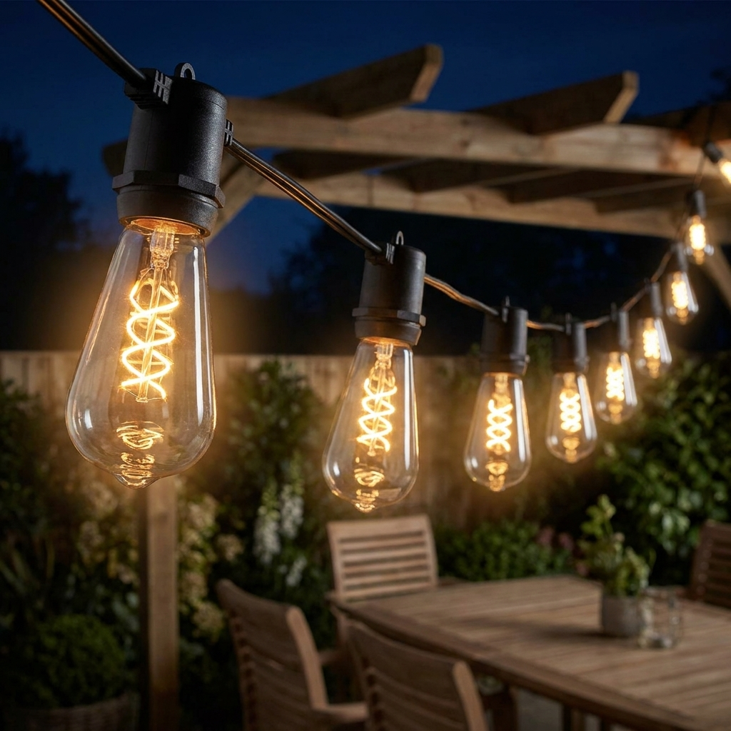 Solar Fairy Lights Long Edison Bulb Black Cap