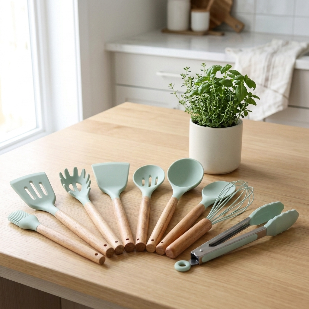 Culina kitchen utensil set Mint - mint silicone heads natural wood handles