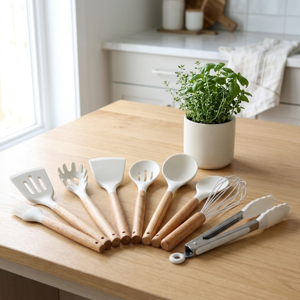 Culina kitchen utensil set White - white silicone heads natural wood handles