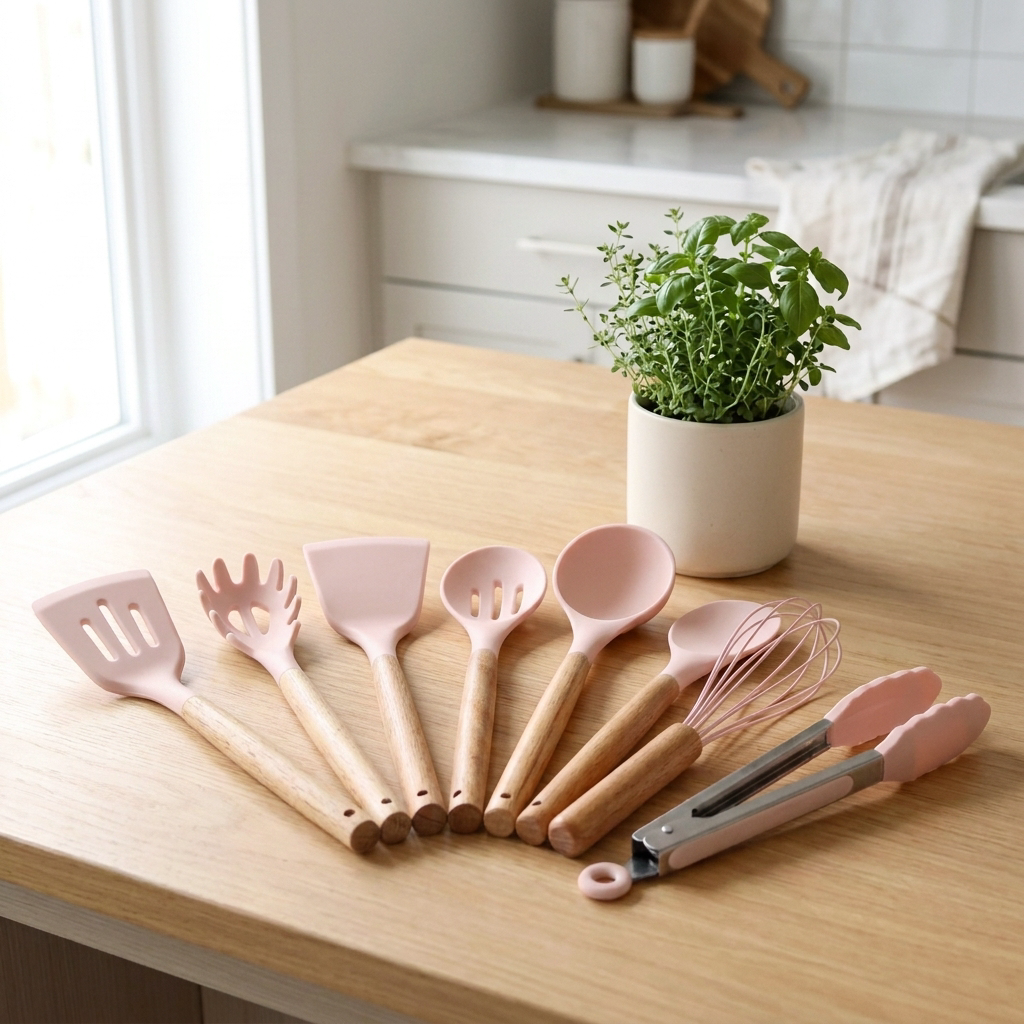 Culina kitchen utensil set Pink - blush pink silicone heads natural wood handles
