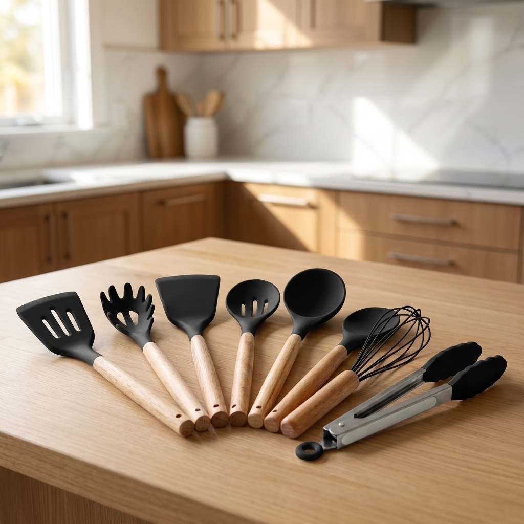 Culina kitchen utensil set Black - matte black silicone heads natural wood handles