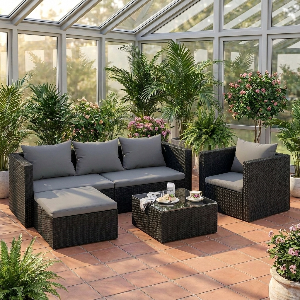 Rattan garden corner sofa set Black Rattan covered patio terrace