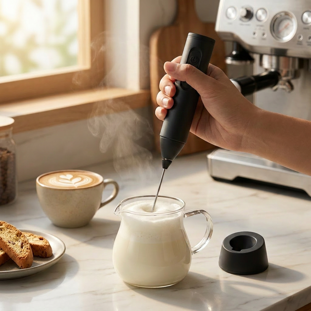 Milk frother Black body frothing milk on marble countertop