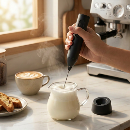 Milk frother Black body frothing milk on marble countertop