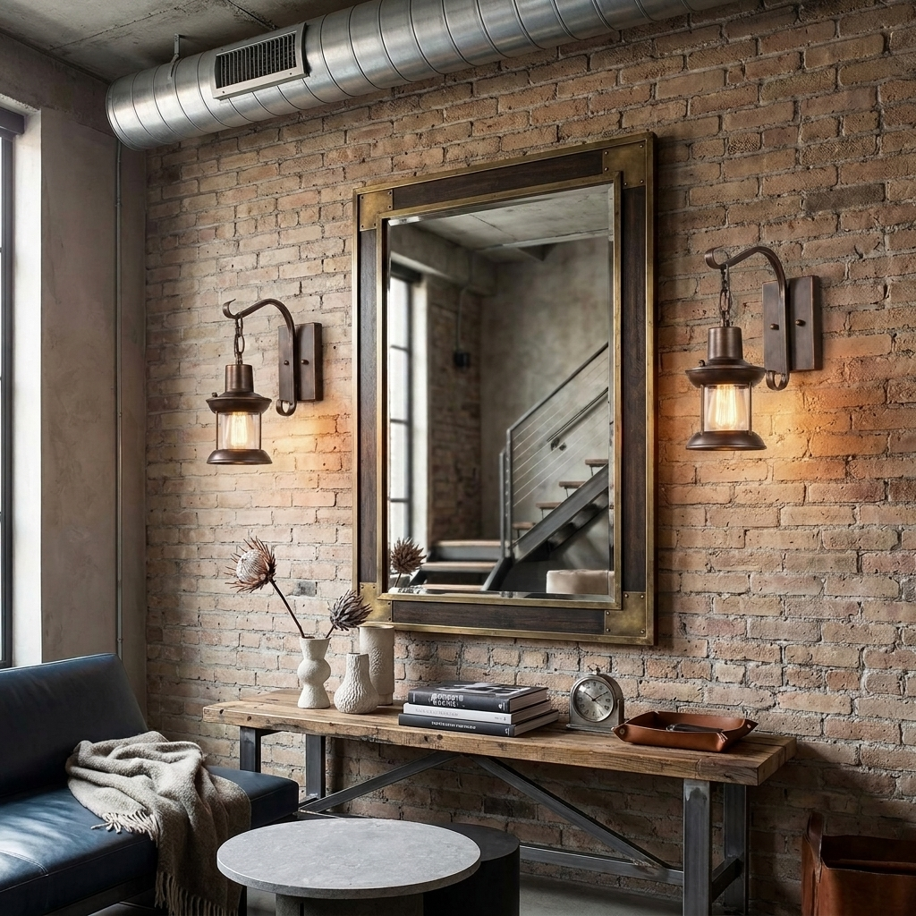Etra industrial swing-arm wall light in bronze finish on exposed brick wall