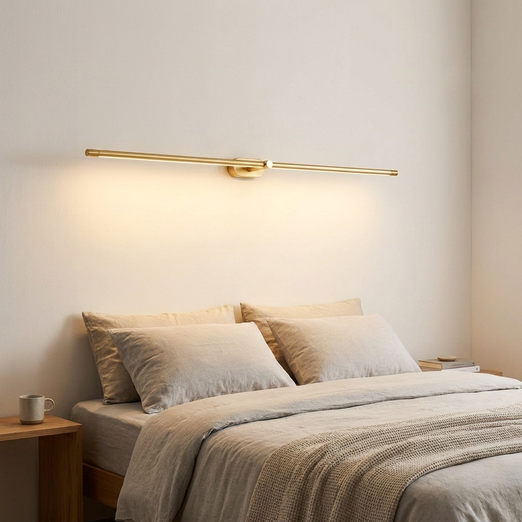 Flano minimalist linear LED wall light in gold finish mounted in modern bedroom