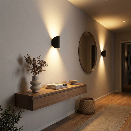 Vero up-down LED wall light in black finish installed in modern evening hallway
