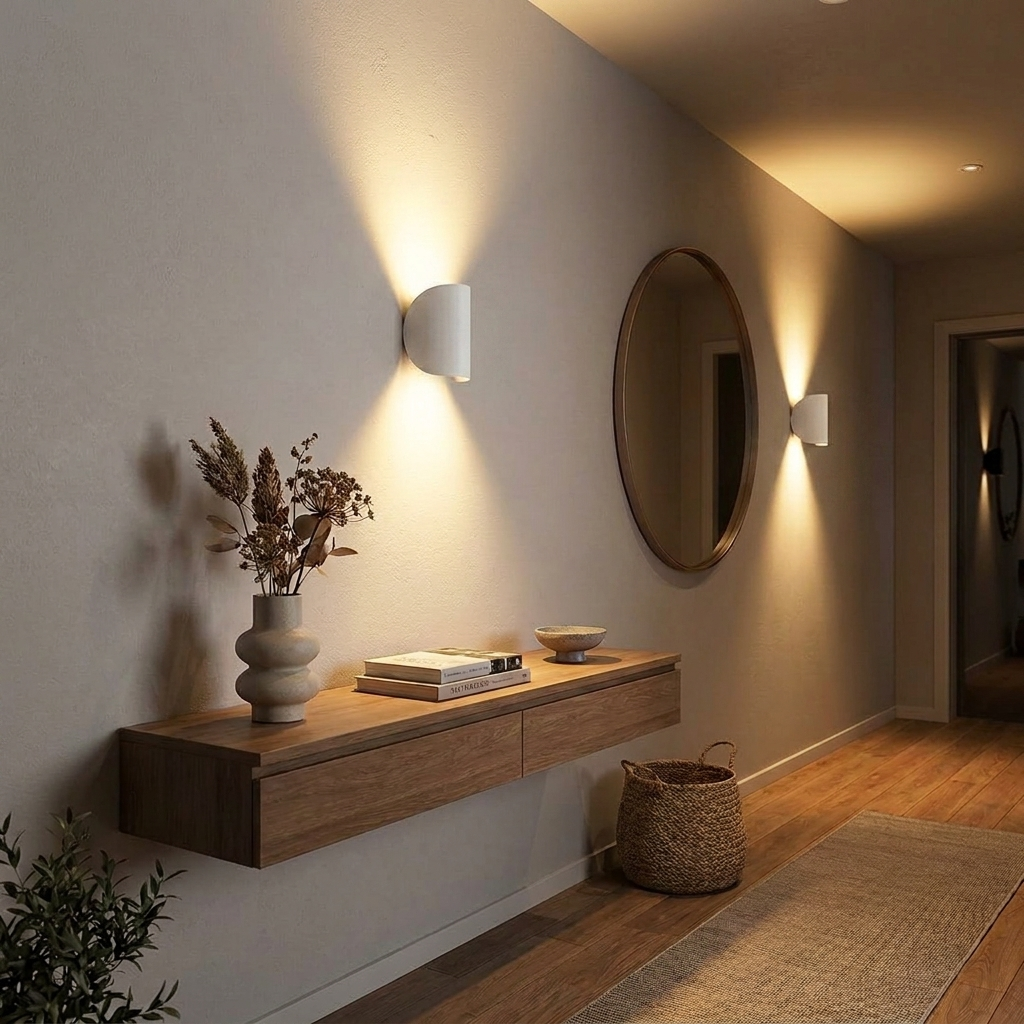 Vero up-down LED wall light in white finish installed in modern evening hallway