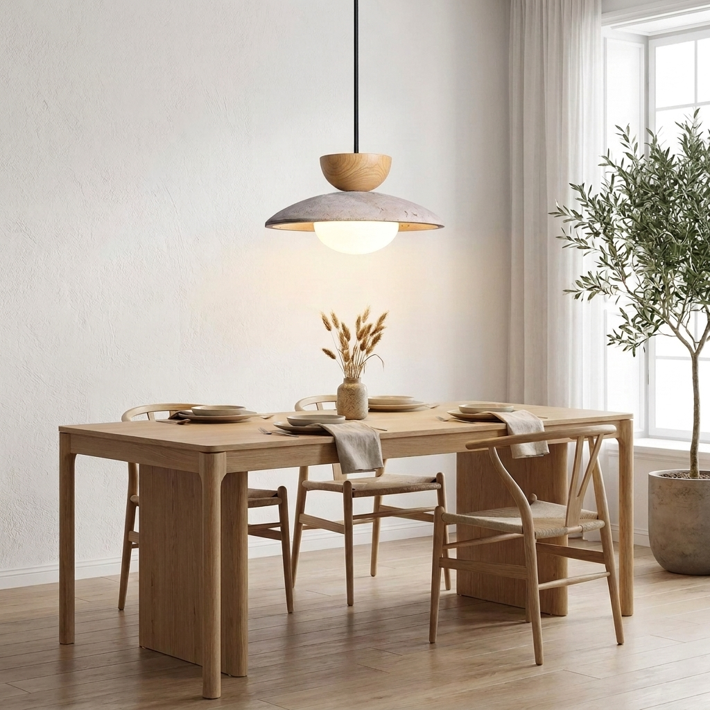 Cleo travertine and wood pendant light in light natural oak finish in a minimalist Scandinavian interior