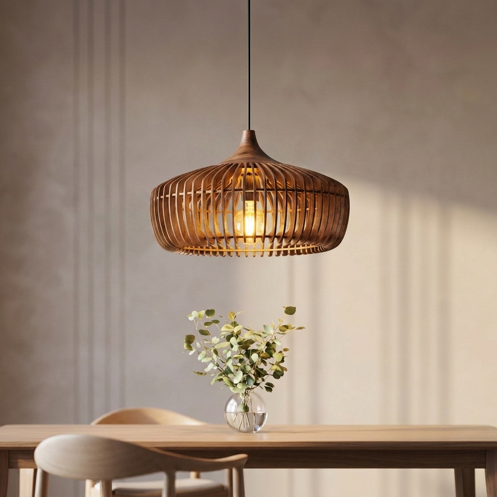 Muto Nordic wood dome pendant light in deep walnut finish, cinematic editorial setting