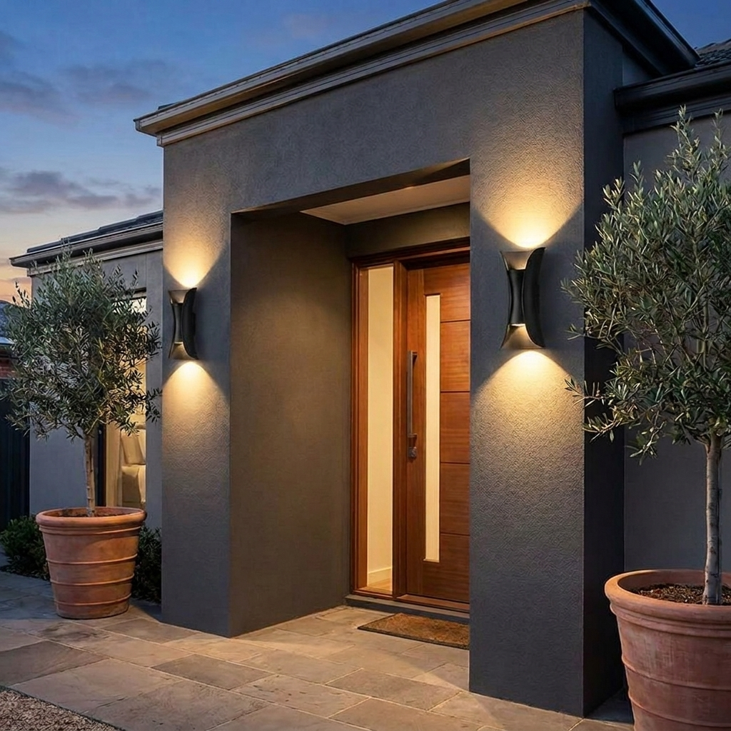 Noxel Curved Outdoor Wall Light - Black finish, dusk up-and-down glow