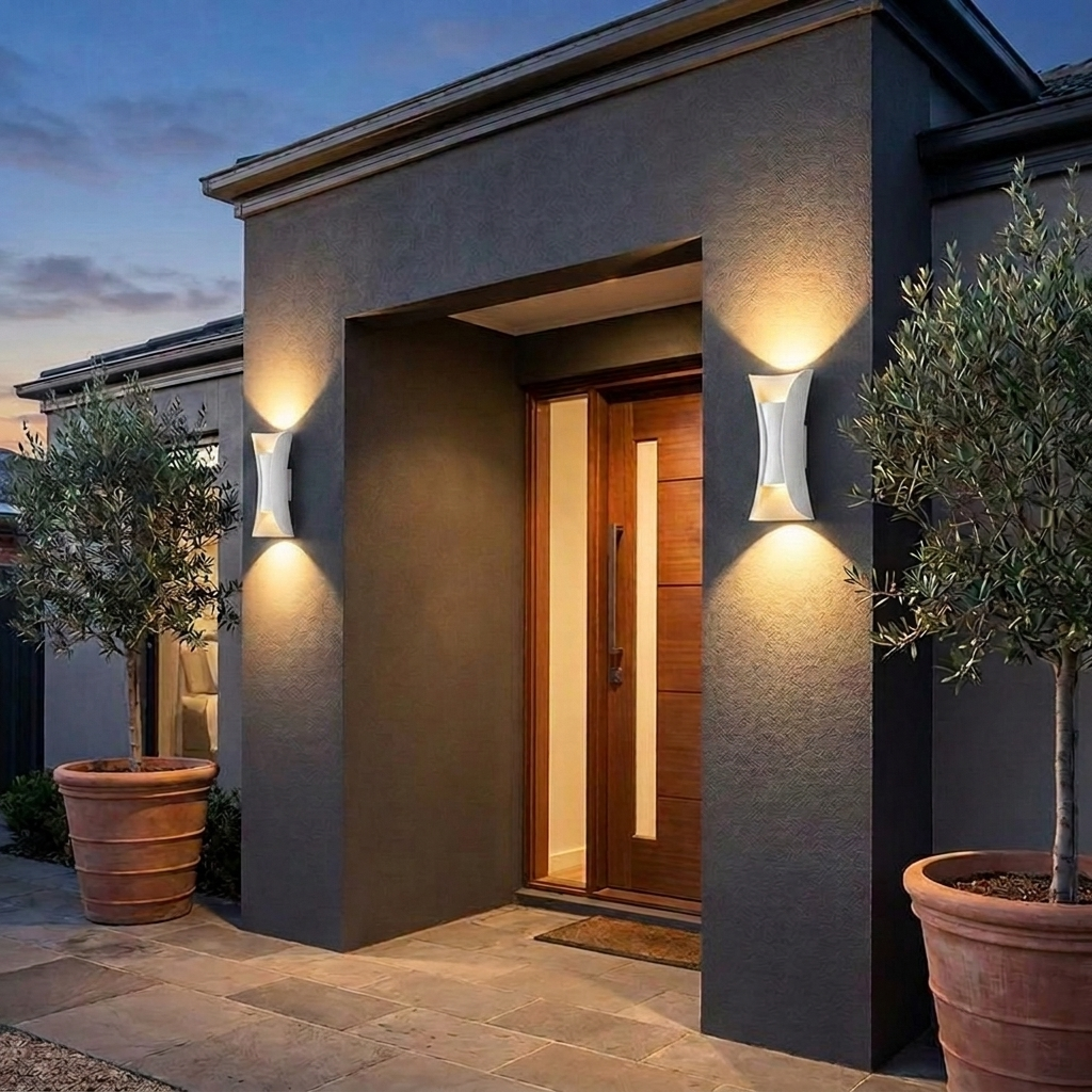 Noxel Curved Outdoor Wall Light - White finish, dusk up-and-down glow