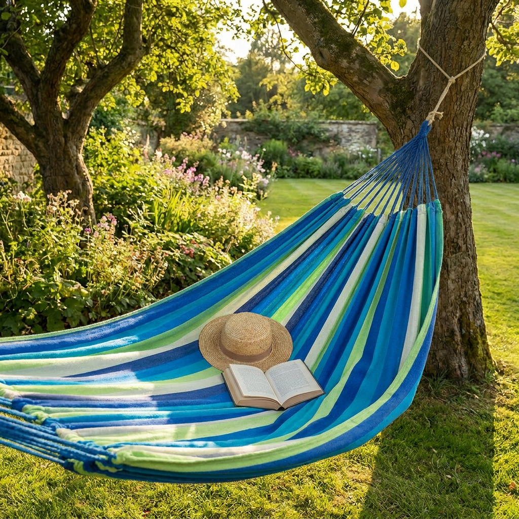 Double Hammock - Blue and green striped, hung between trees in garden