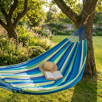 Double Hammock - Blue and green striped, hung between trees in garden