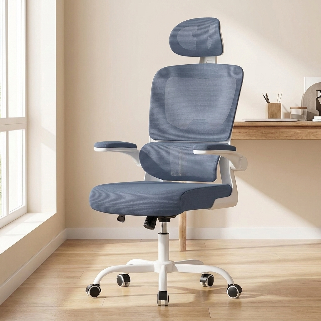 Aurem ergonomic office chair - Navy blue mesh, white frame - home office lifestyle
