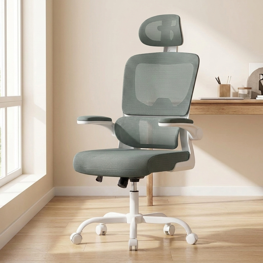 Aurem ergonomic office chair - Sage grey-green mesh, white frame - home office lifestyle
