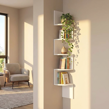 Zigzag corner wall shelf in white, 5-tier floating bookshelf styled in living room
