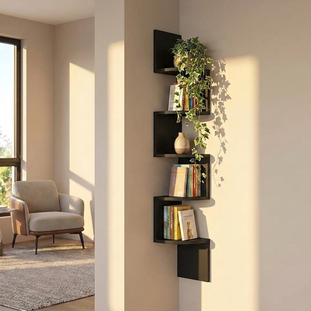 Zigzag corner wall shelf in black, 5-tier floating bookshelf styled in living room