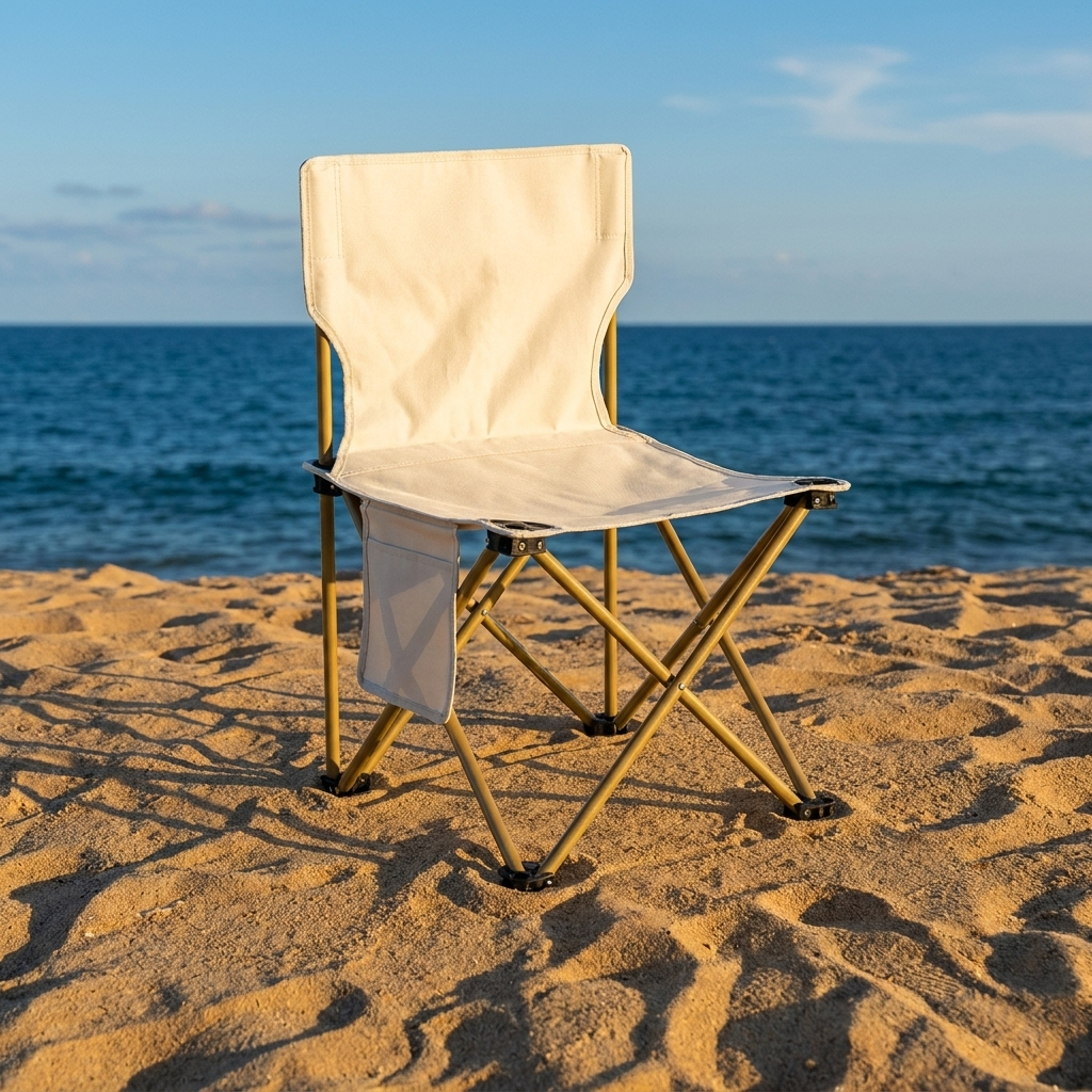 Foldable camping chair in white on sandy beach with side pocket
