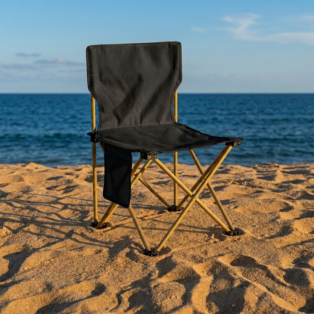 Foldable camping chair in black on sandy beach with side pocket