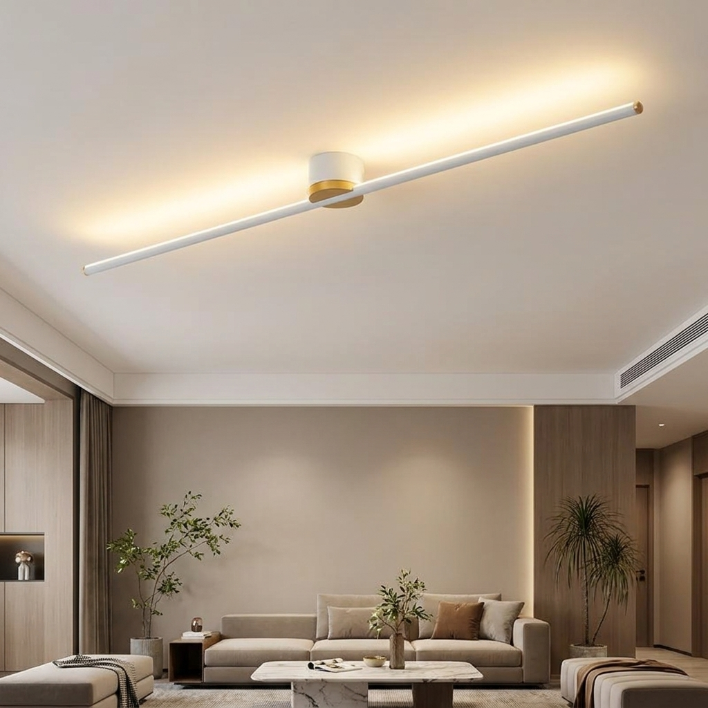 Erix Linear Flush Mount Ceiling Light in white, up glow, in a modern minimalist living room