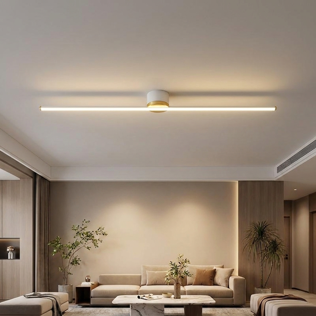 Erix Linear Flush Mount Ceiling Light in white, down glow, in a modern minimalist living room