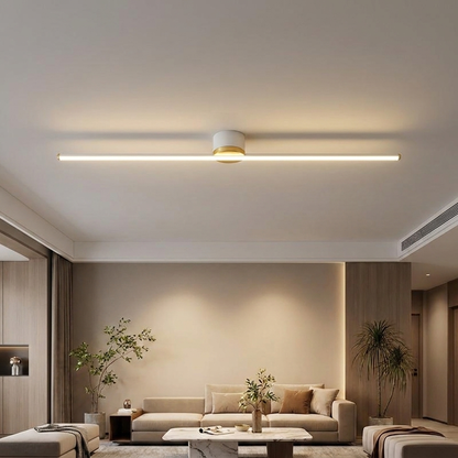 Erix Linear Flush Mount Ceiling Light in white, down glow, in a modern minimalist living room