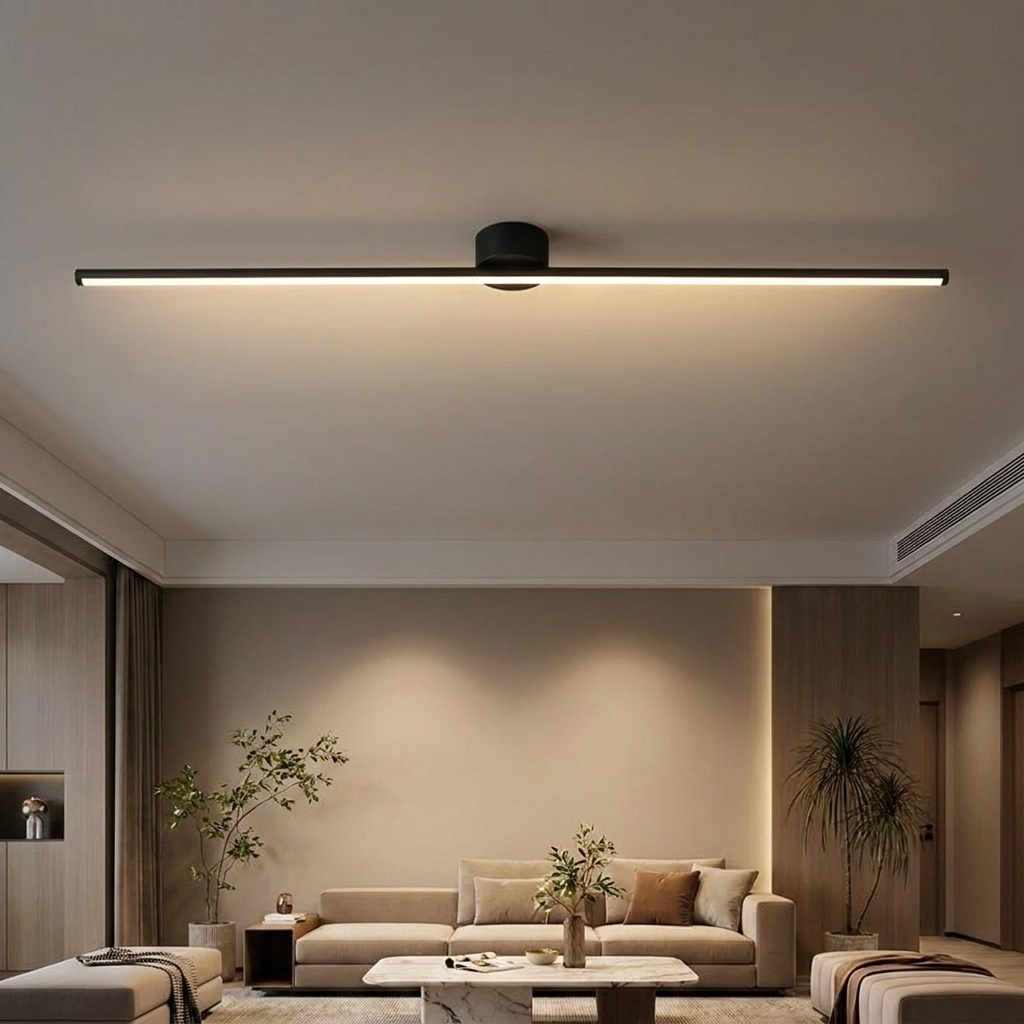 Erix Linear Flush Mount Ceiling Light in black, down glow, in a modern minimalist living room
