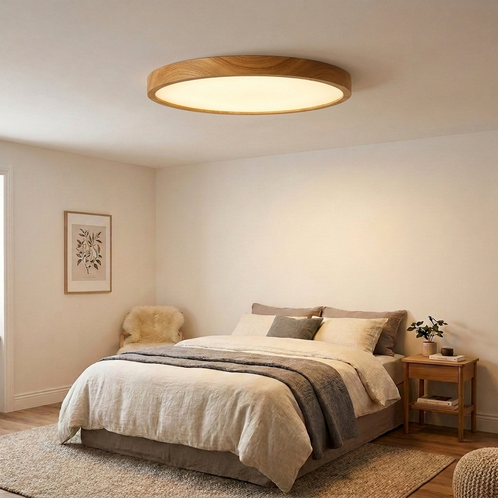 Ultra Thin Wood Grain LED Ceiling Light in natural oak finish mounted in a cosy Scandinavian bedroom