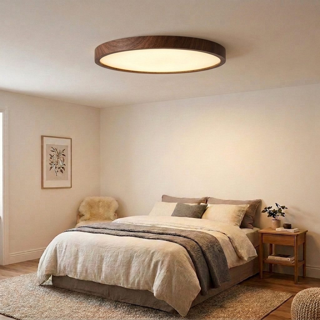 Ultra Thin Wood Grain LED Ceiling Light in walnut finish mounted in a cosy Scandinavian bedroom