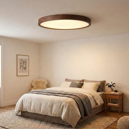 Ultra Thin Wood Grain LED Ceiling Light in walnut finish mounted in a cosy Scandinavian bedroom