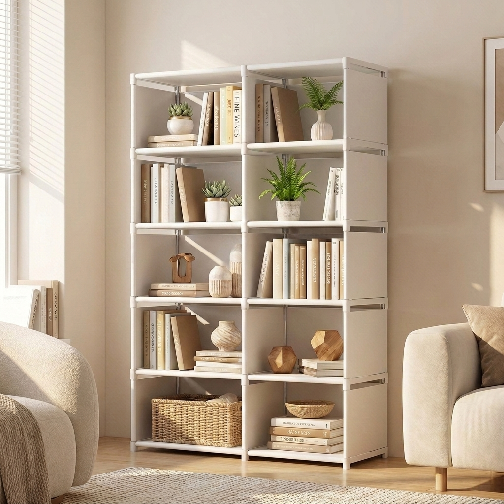 Freestanding bookcase in white, 6 tier wide double, styled in a modern living room