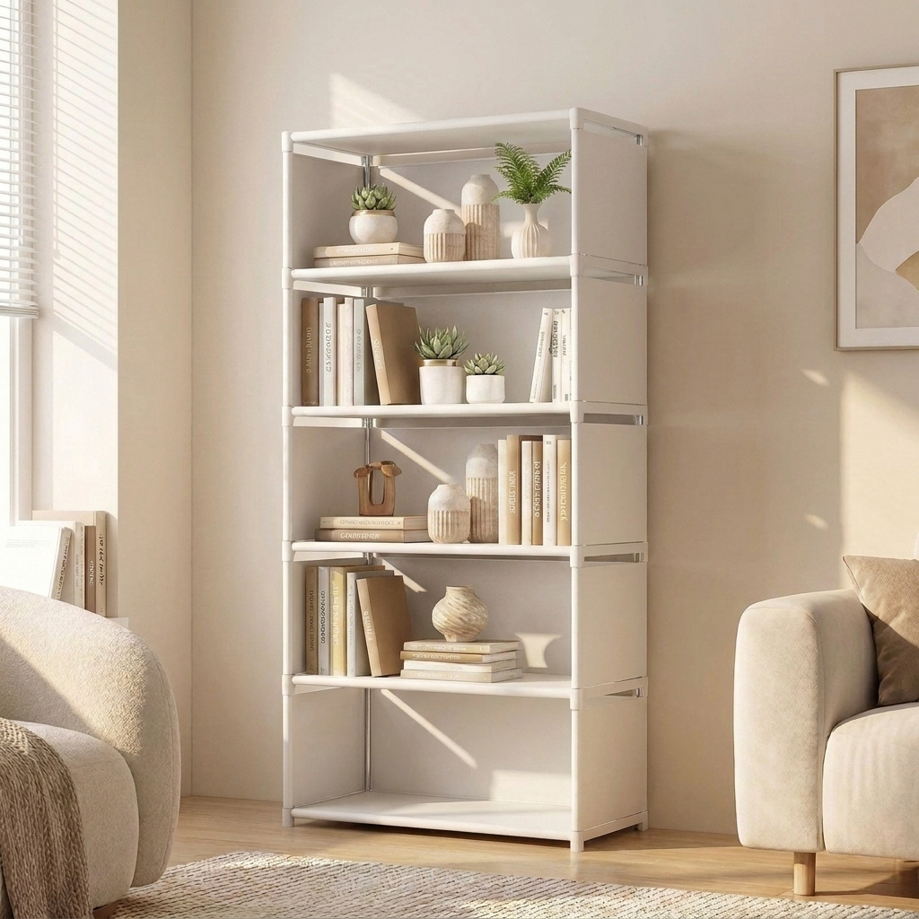 Freestanding bookcase in white, 5 tier standard, styled in a modern living room